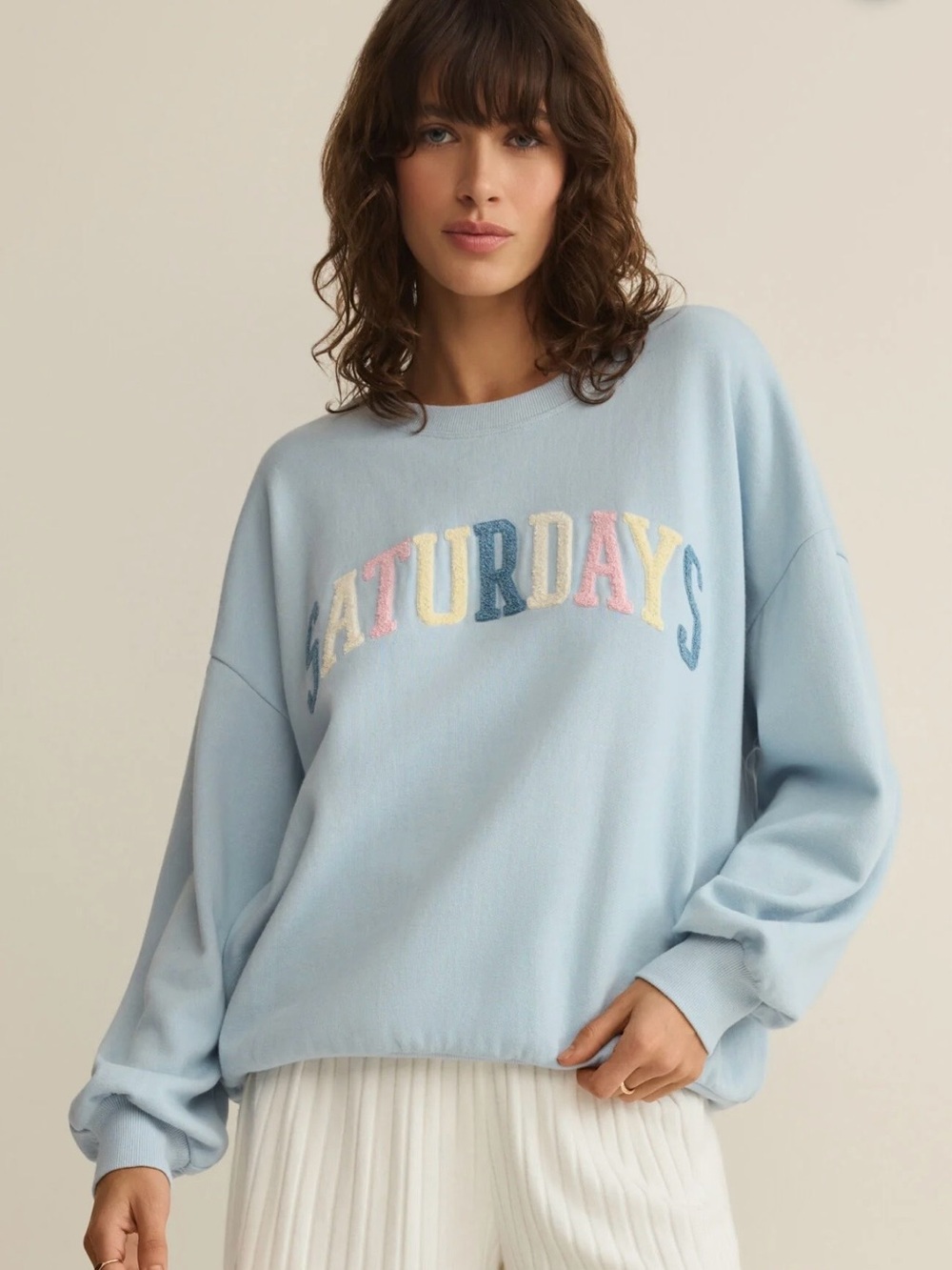 Z Supply Light Blue "Saturdays" Embroidered Sweatshirt